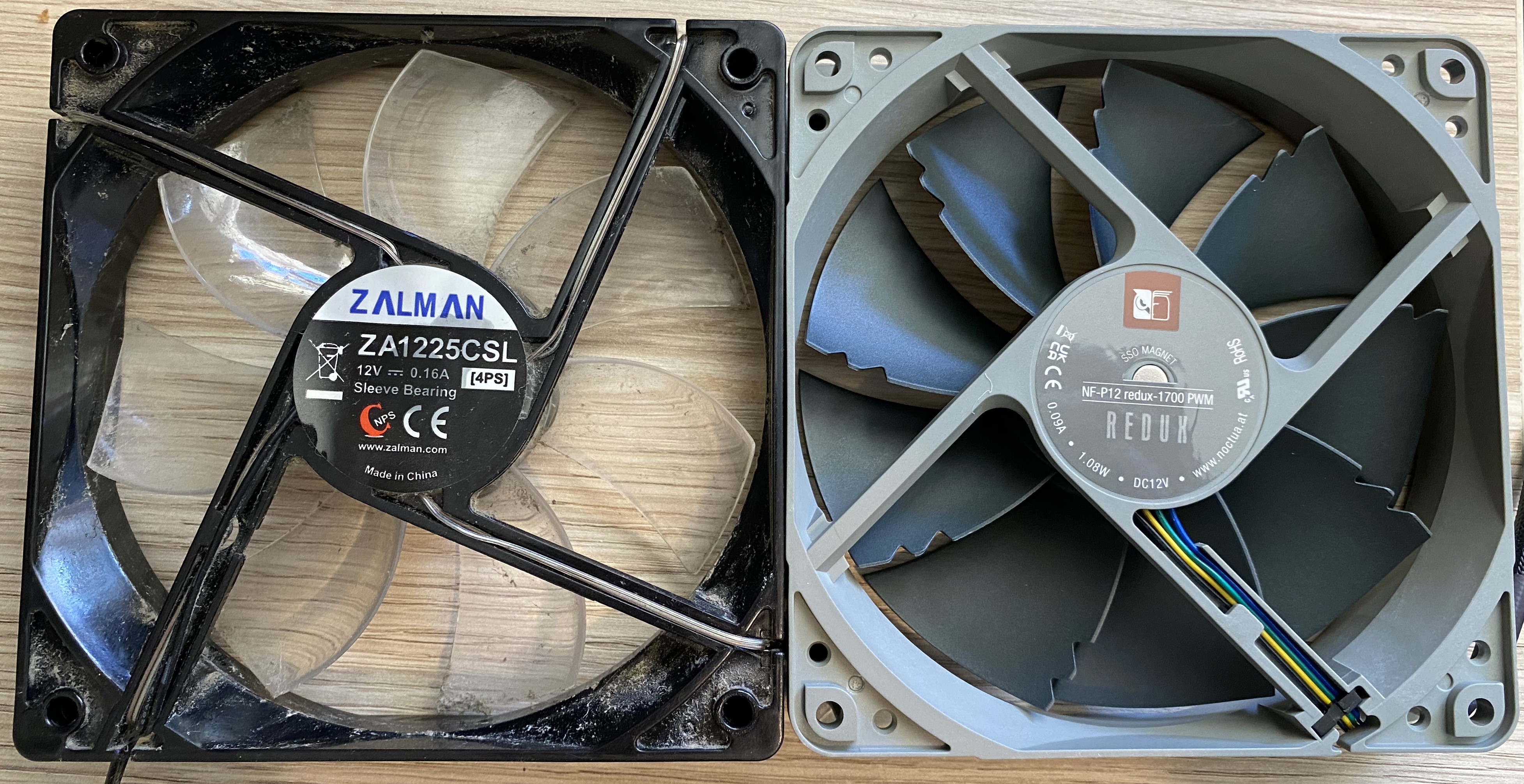 An old and new compter fan side by side